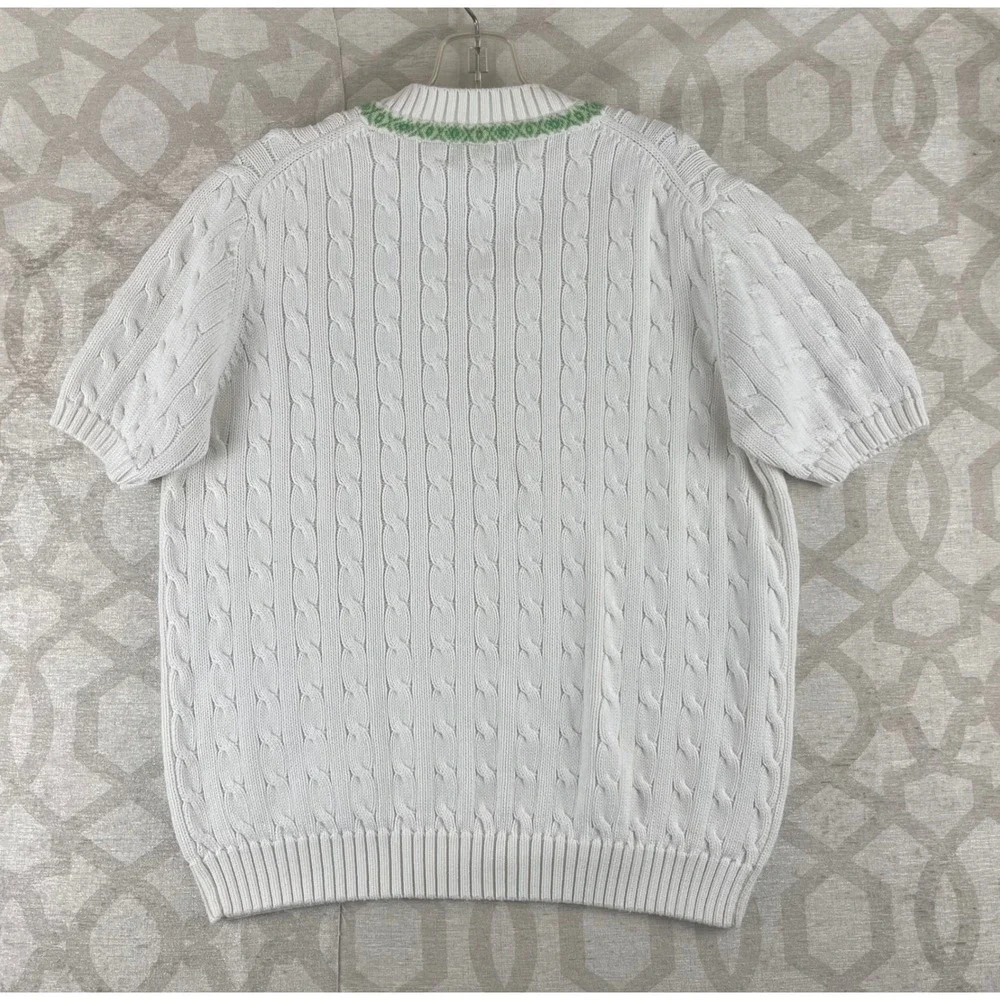Brooks Brothers Cable Knit Tennis Sweater Youth XL White Green‎ V-Neck Short Slv